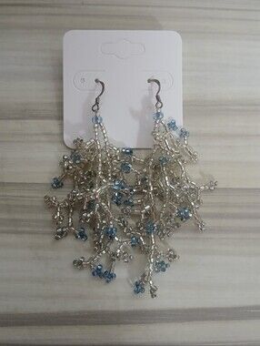 Handmade Seed Bead Clear & Ice Blue Dangle Earrings Sterling French Wires